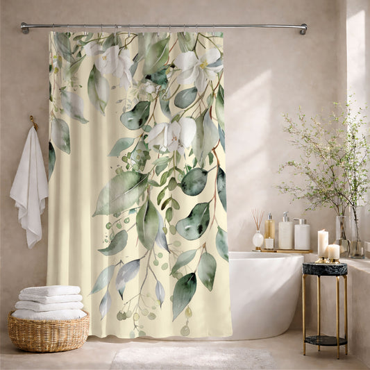 Soft Sage and Cream Eucalyptus Shower Curtains, Watercolor Floral Bathroom Decor