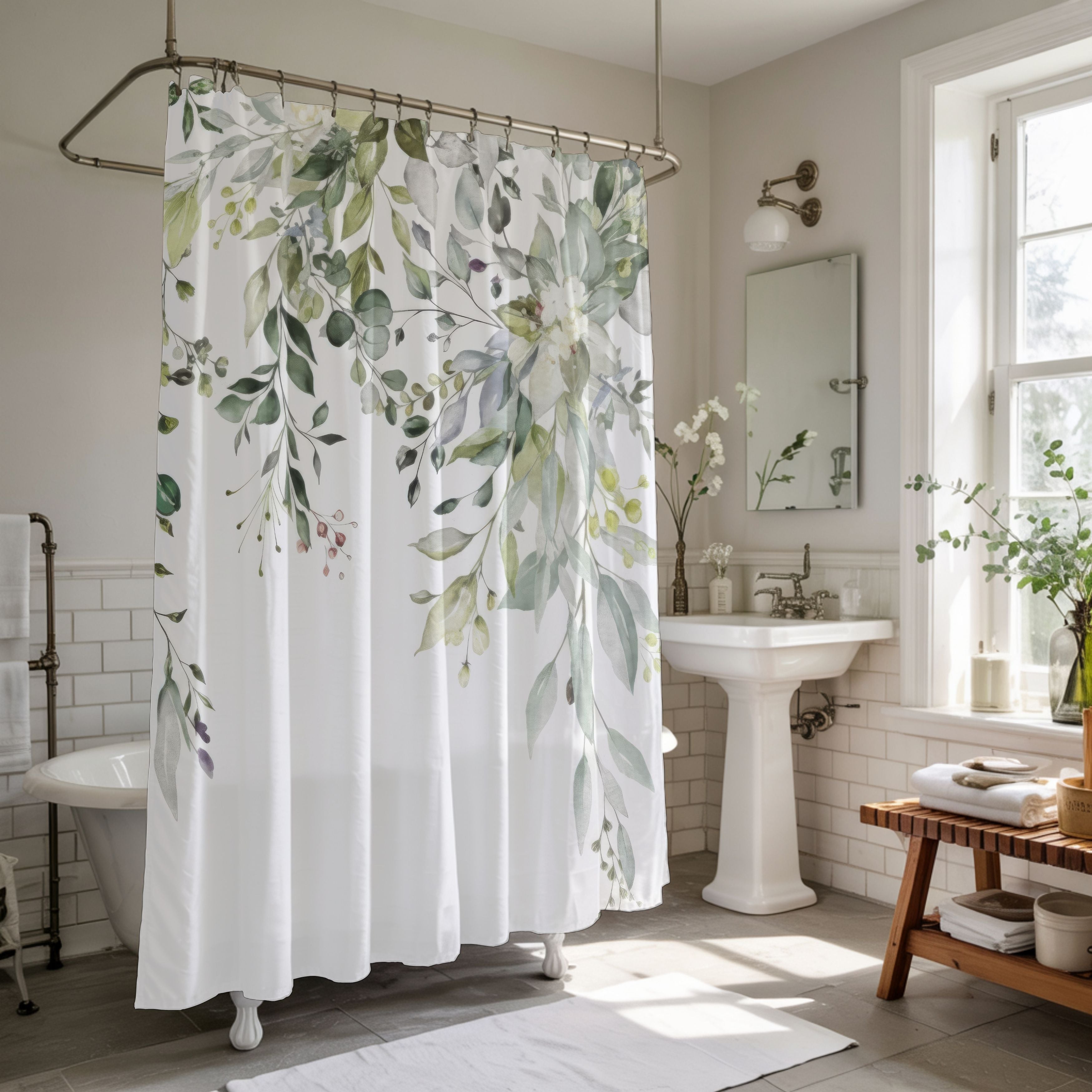 Sage Eucalyptus Shower Curtains, Watercolor Greenery Bathroom Decor