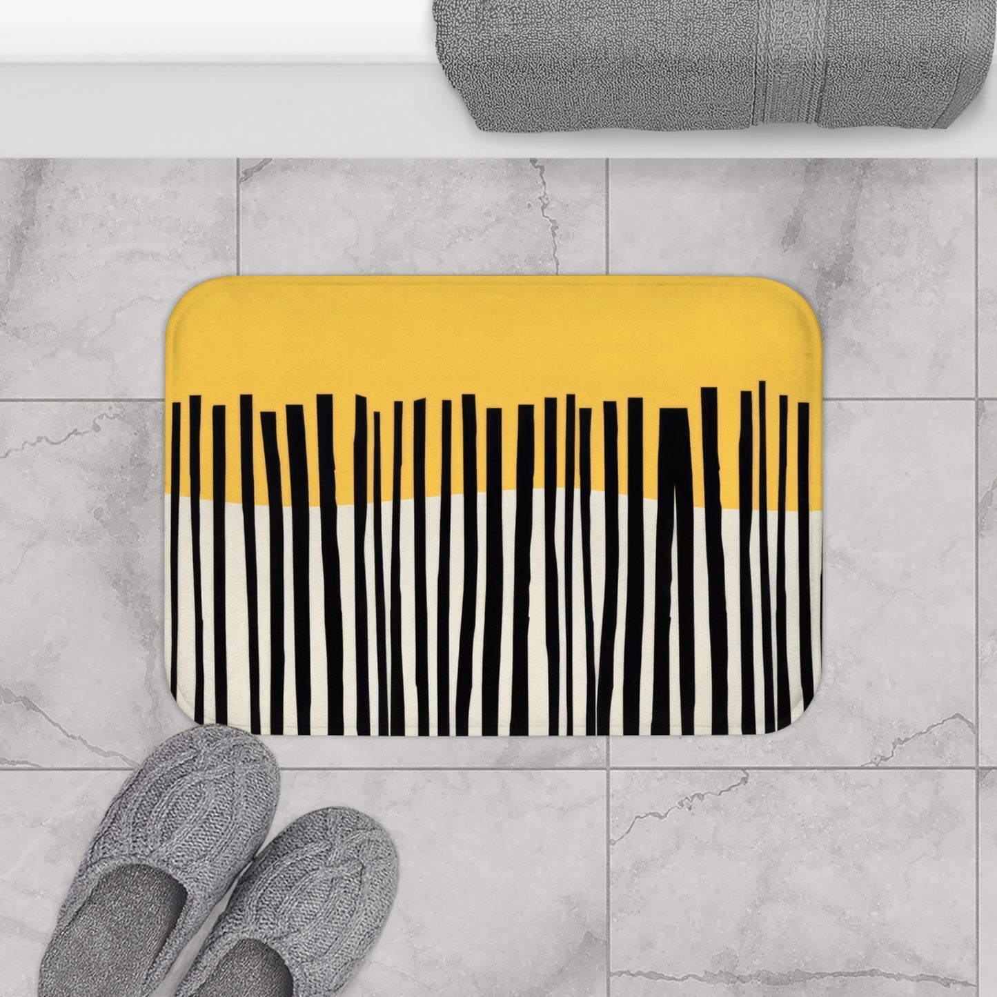 Abstract Birch Bath Mat, Mustard and Charcoal Japandi Minimalist Bath Art