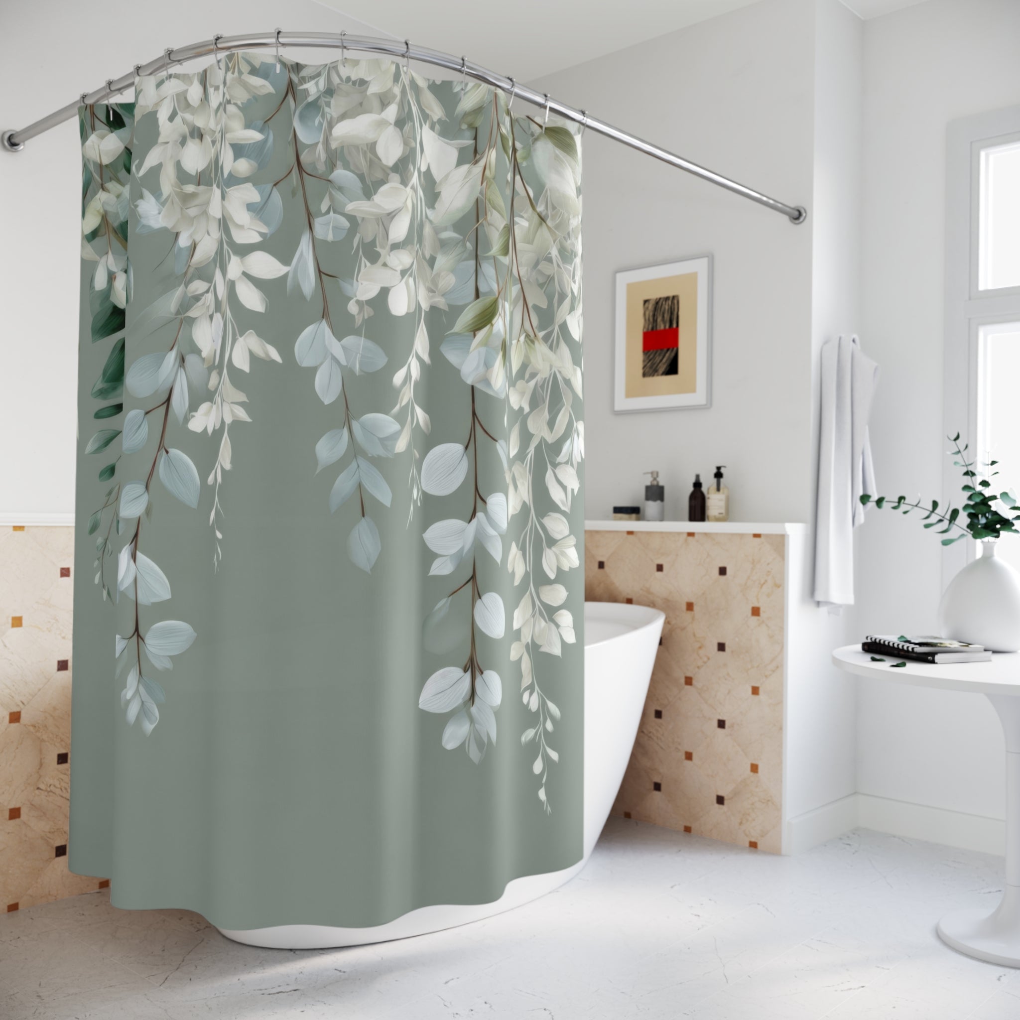 Frozen Sage Eucalyptus Shower Curtains, Muted Gray Botanical Bathroom Decor