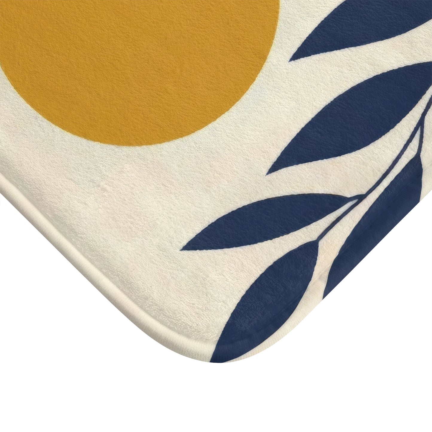 Modern Abstract Navy and Mustard Bath Mat, Aesthetic Mid Century Scandi Bathroom