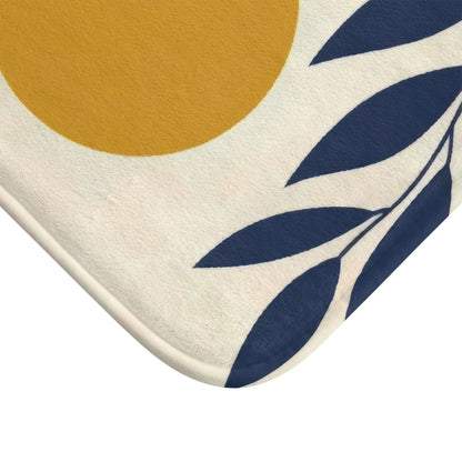 Modern Abstract Navy and Mustard Bath Mat, Aesthetic Mid Century Scandi Bathroom