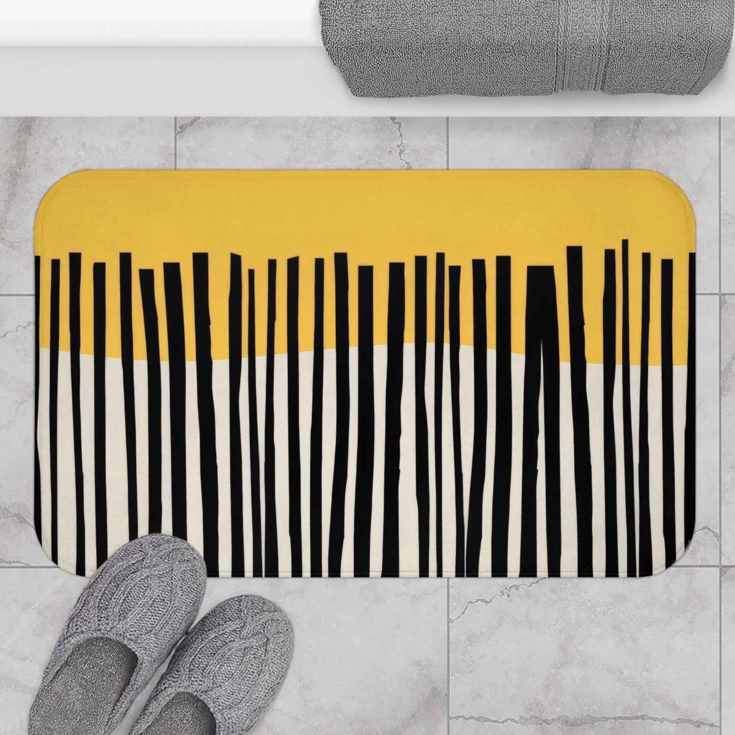 Abstract Birch Bath Mat, Mustard and Charcoal Japandi Minimalist Bath Art