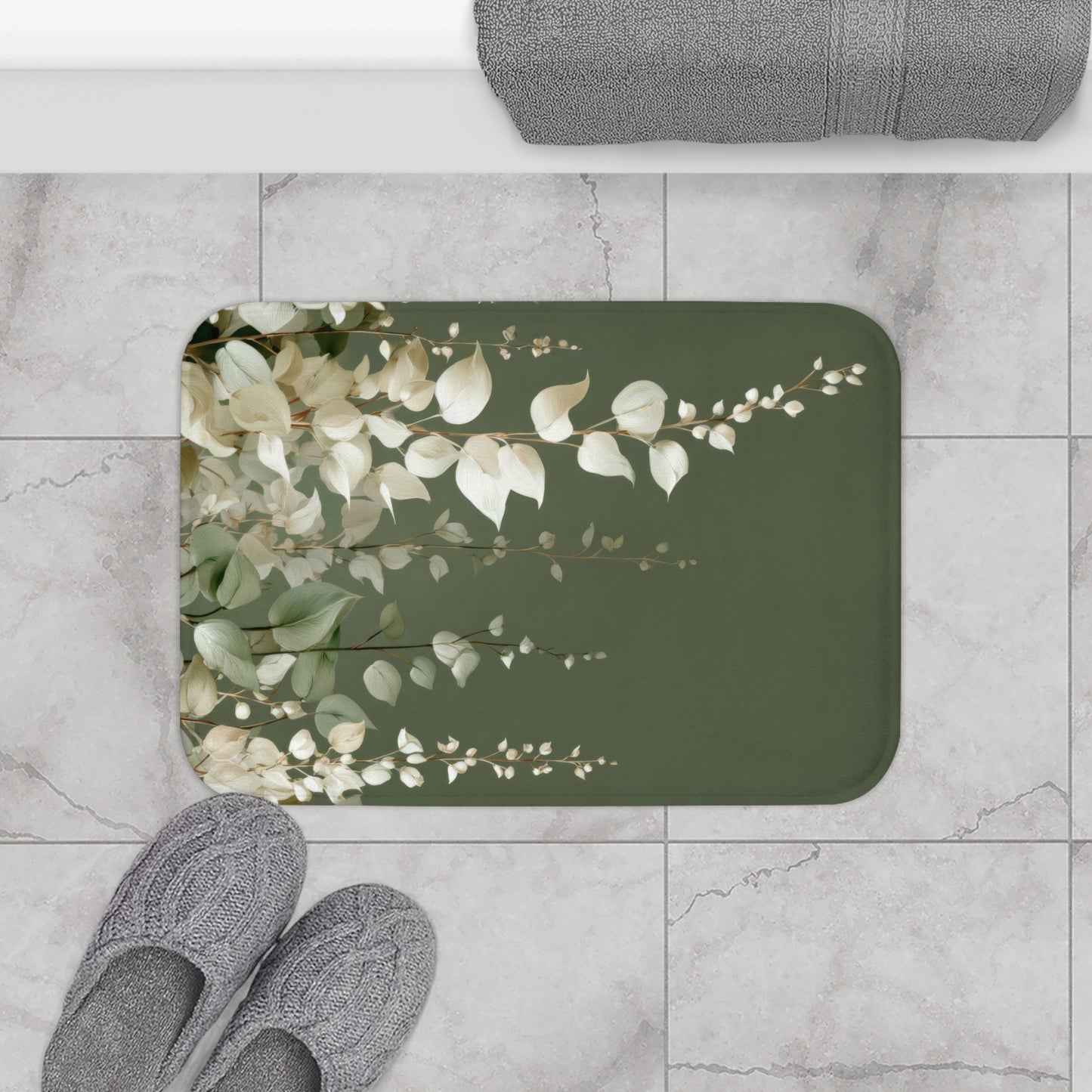 Moss Green Eucalyptus Bath Mat, Elegant Neutral Organic Spa Style
