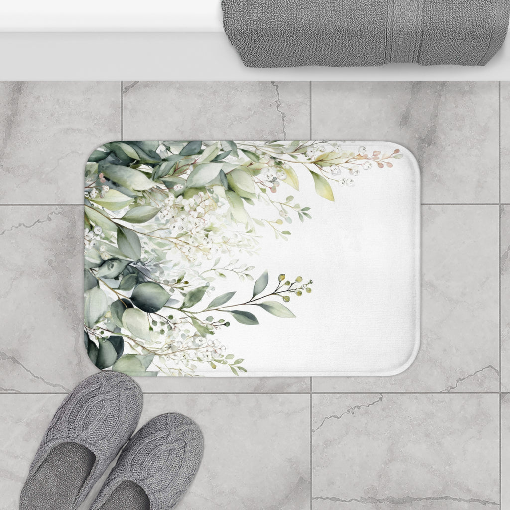 Watercolor Eucalyptus Bath Mat, Botanical Green Bathroom Decor