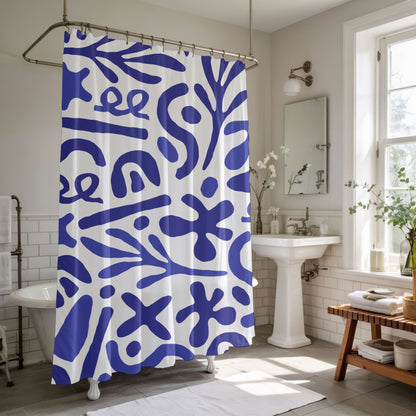 Blue Mediterranean Shower Curtains, Matisse Inspired Organic Shape Bathroom Decor