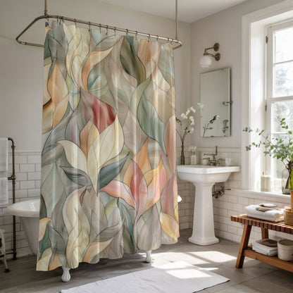 Stained Glass Leaves Design Shower Curtains, Minimalist Calming Botanical Bathroom