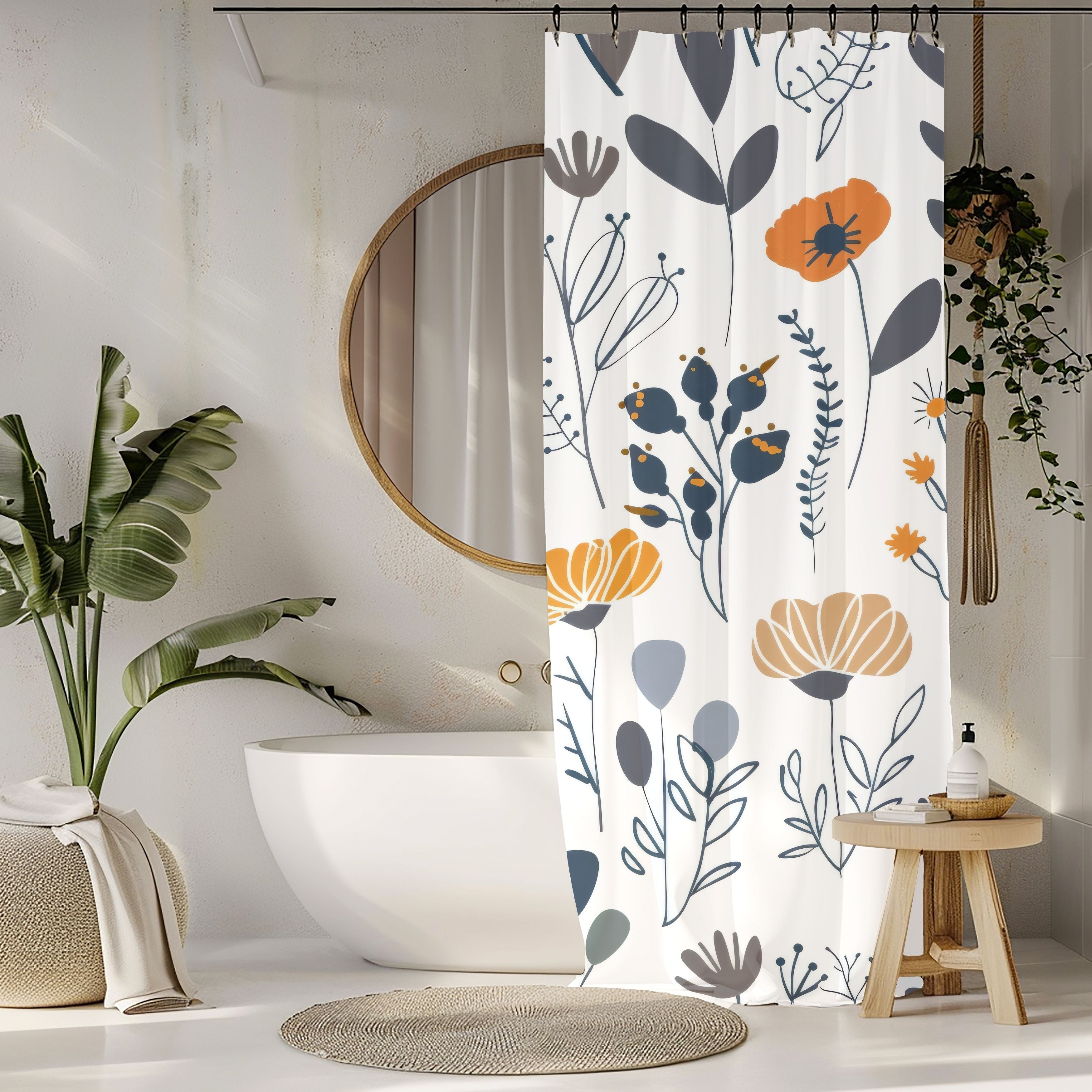 Minimalist Wildflower Shower Curtains, Retro Boho Bathroom Decor