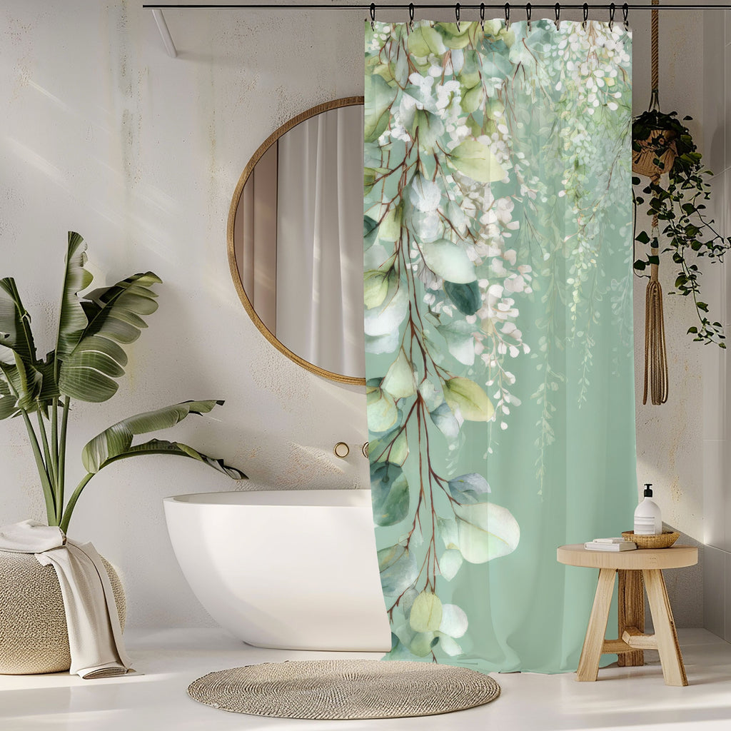 Cascading White Wisteria & Sage Eucalyptus Shower Curtains, Serene Luxury Bathroom Decor