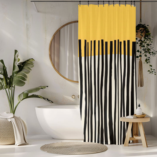 Abstract Birch Shower Curtains, Mustard and Charcoal Japandi Minimalist Bath Art