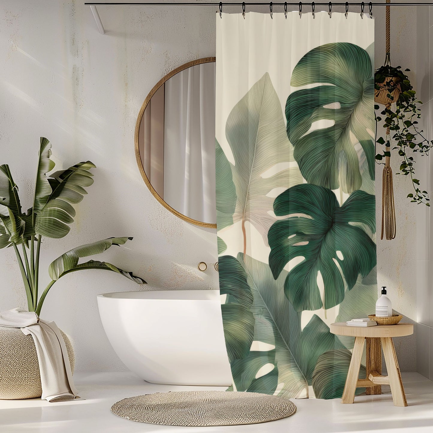 Monstera Shower Curtains, Tropical Botanical Bathroom Decor