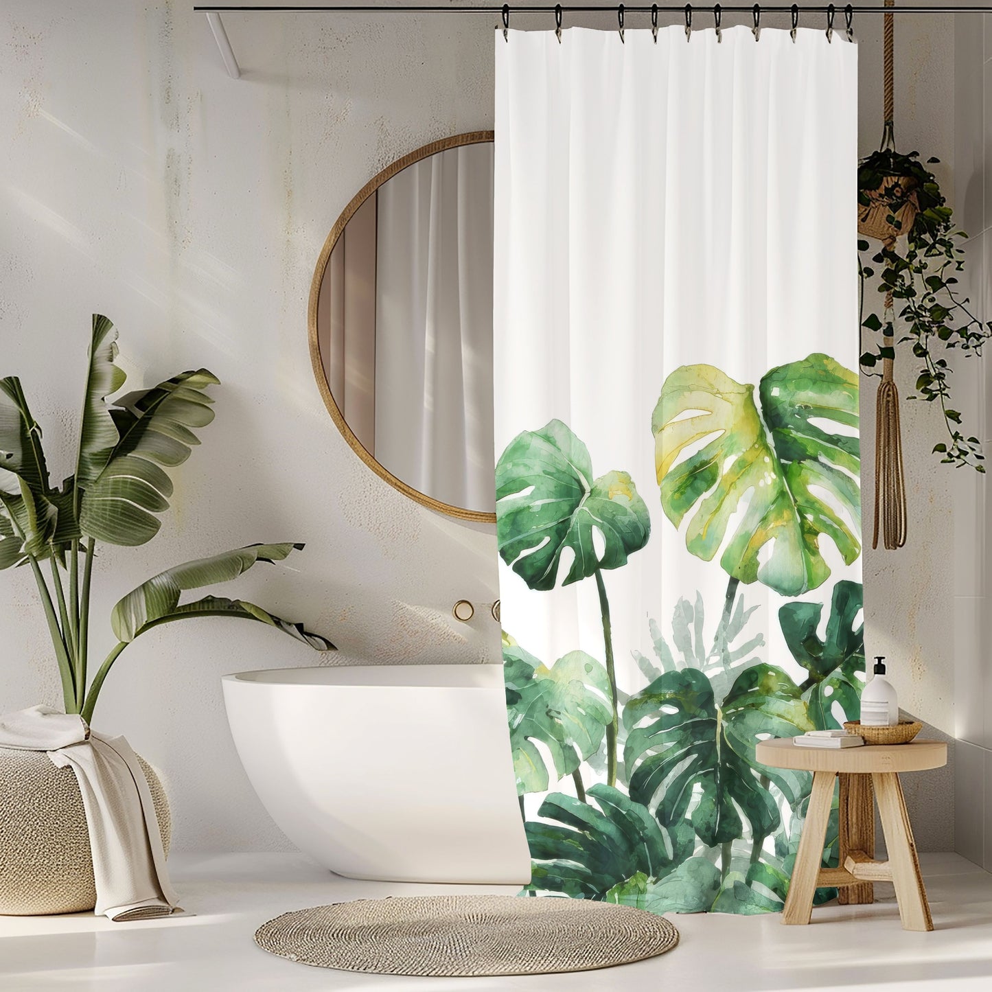 Watercolor Monstera Shower Curtains, Bright Tropical Botanical Bathroom Decor