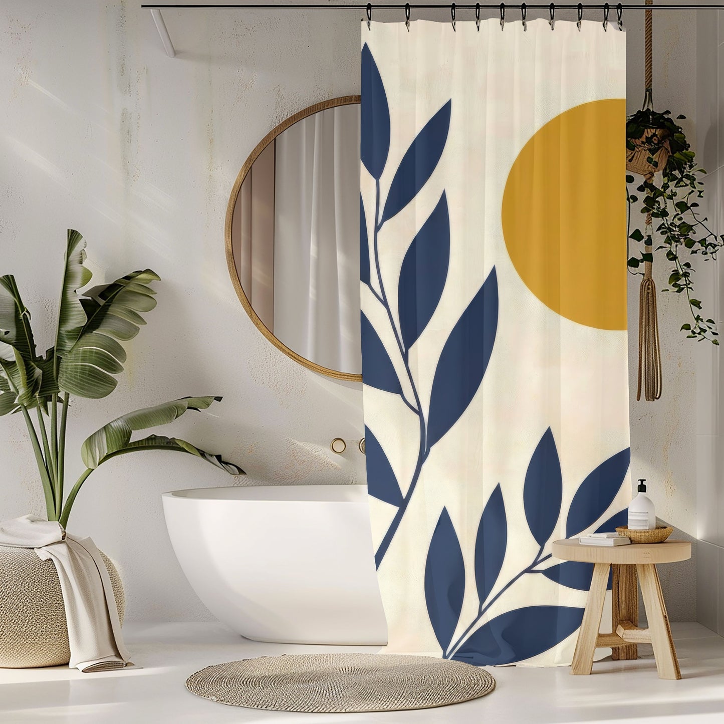 Modern Abstract Navy and Mustard Shower Curtains, Aesthetic Mid Century Scandi Bathroom