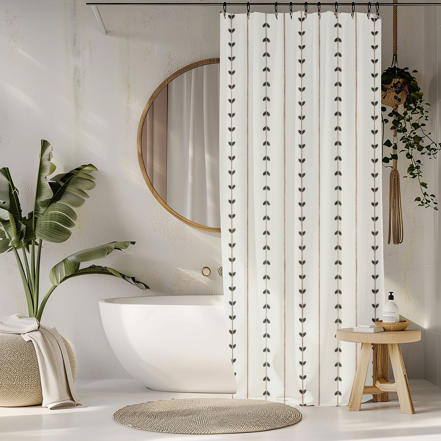 Minimalist Boho Shower Curtains, Modern Scandi Vine Stripe Bathroom Decor