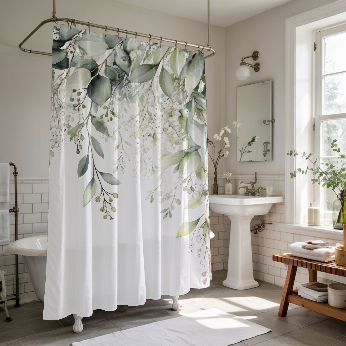 Watercolor Eucalyptus Shower Curtains, Botanical Green Bathroom Decor