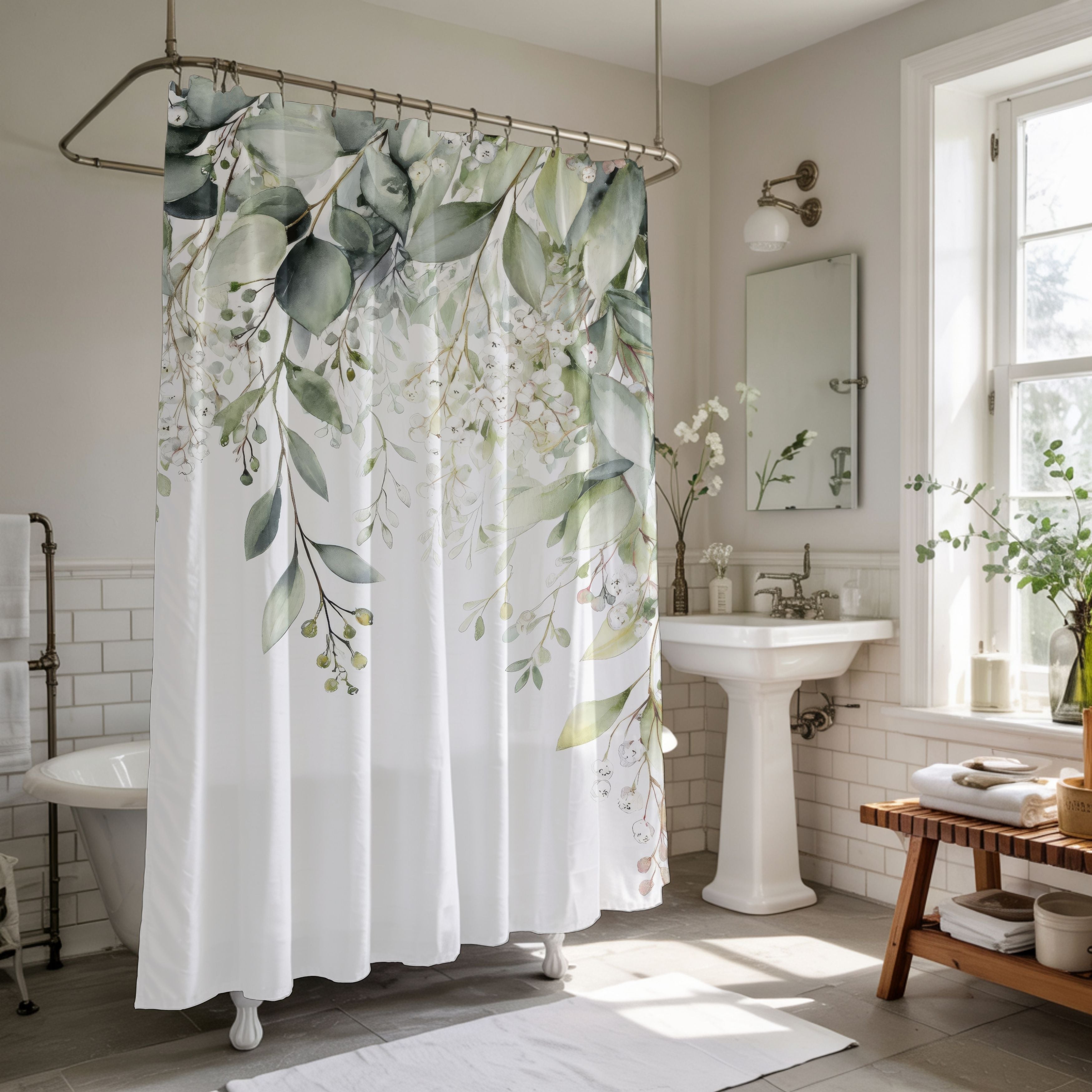 Watercolor Eucalyptus Shower Curtains, Botanical Green Bathroom Decor