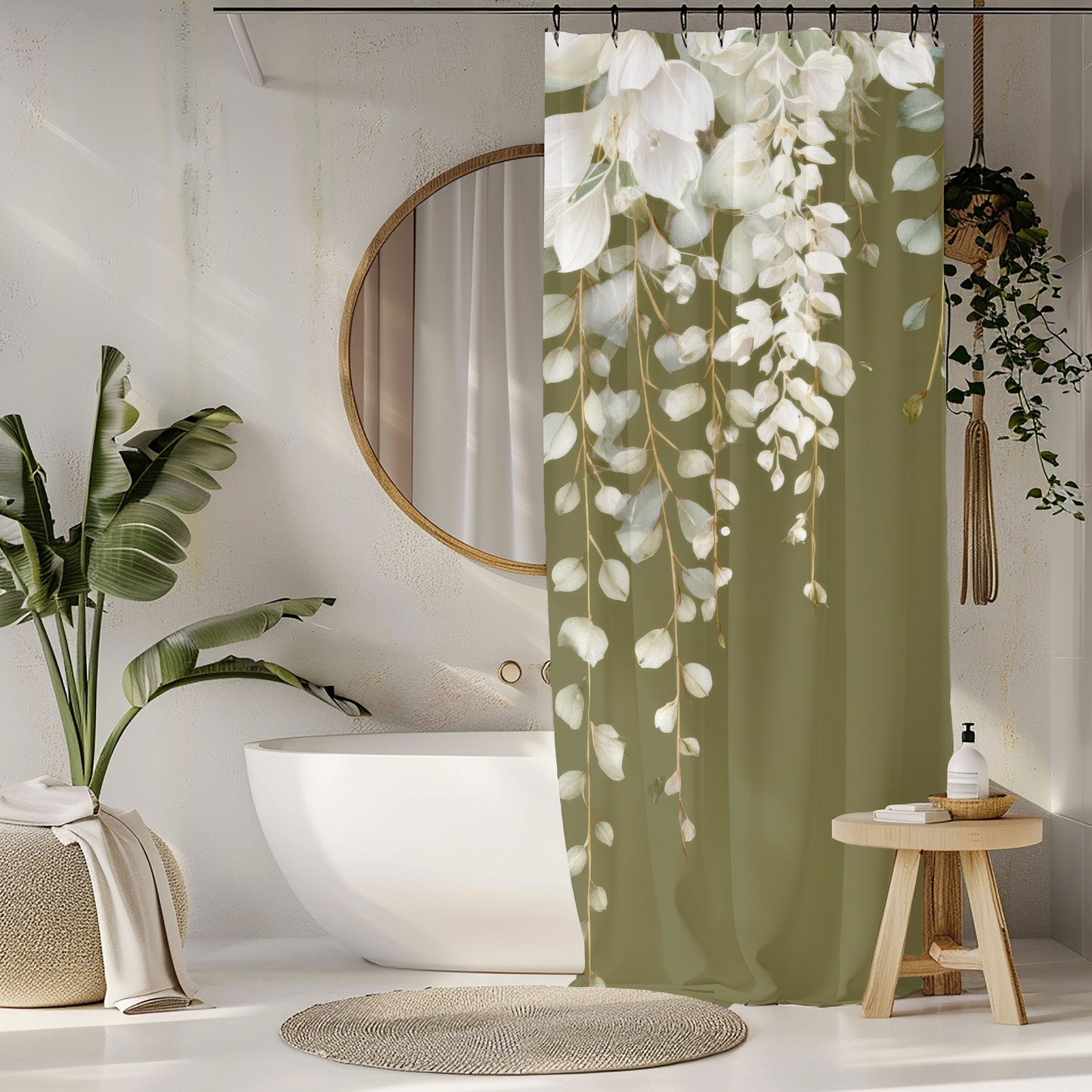 Olive Green Eucalyptus Shower Curtains, Modern Earthy Minimalist Bathroom