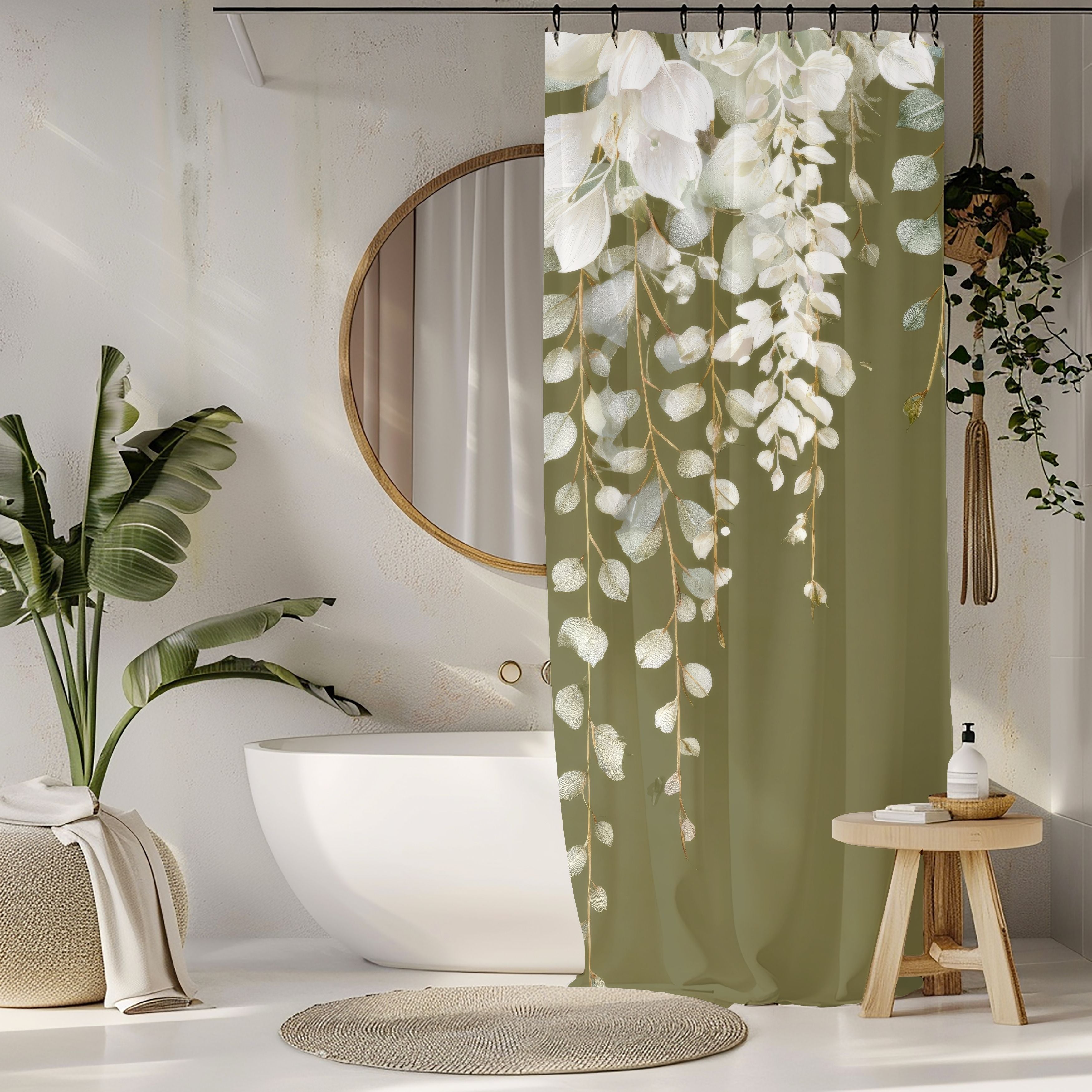 Olive Green Eucalyptus Shower Curtains, Modern Earthy Minimalist Bathroom