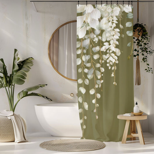 Olive Green Eucalyptus Shower Curtains, Modern Earthy Minimalist Bathroom