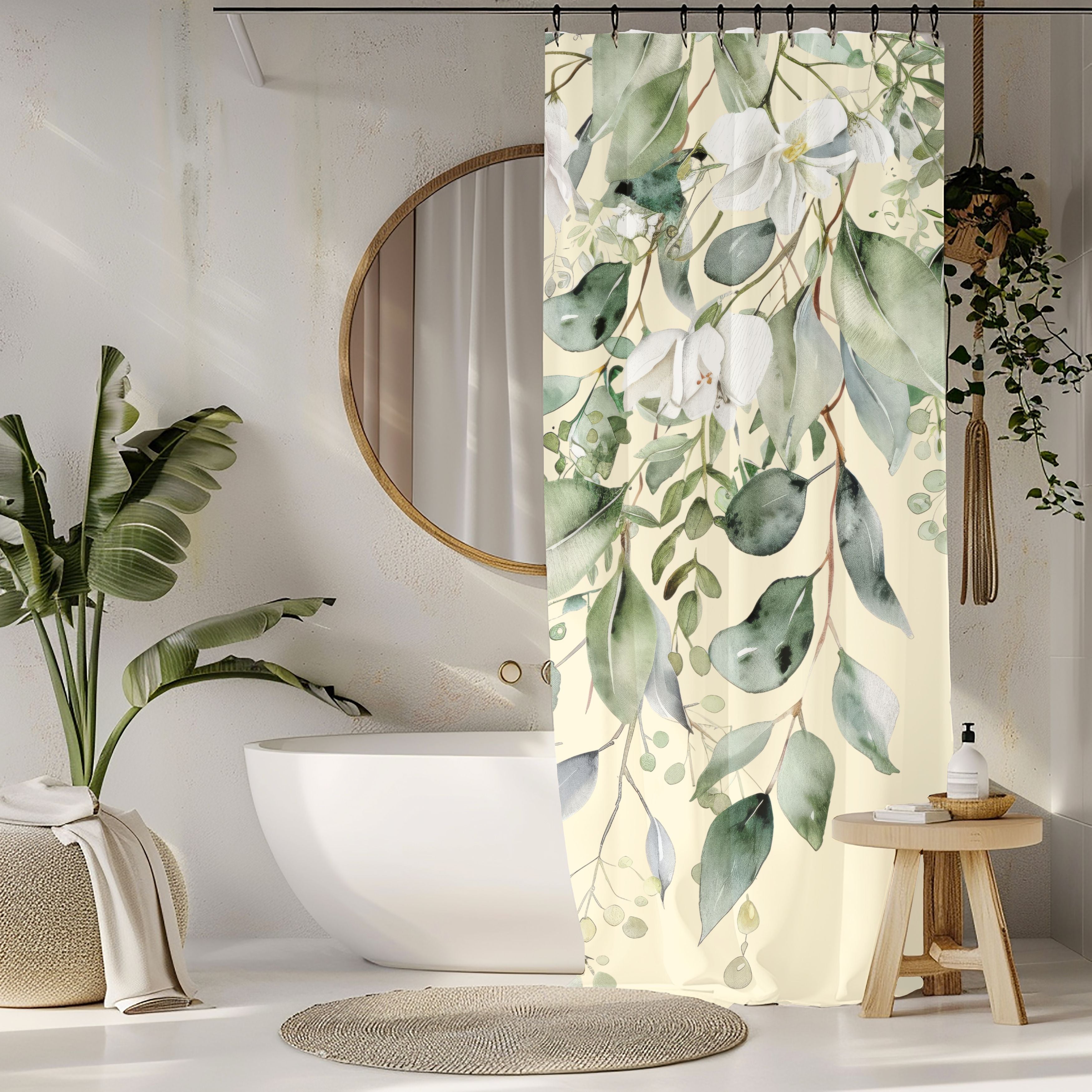 Soft Sage and Cream Eucalyptus Shower Curtains, Watercolor Floral Bathroom Decor