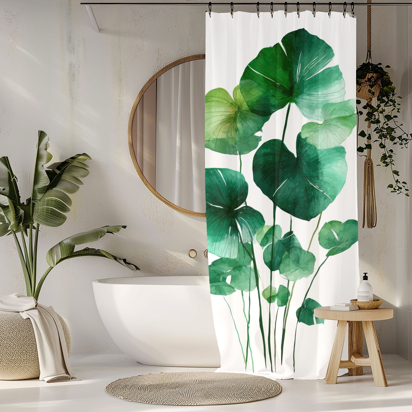 Watercolor Monstera Shower Curtains, Tropical Botanical Bathroom Decor