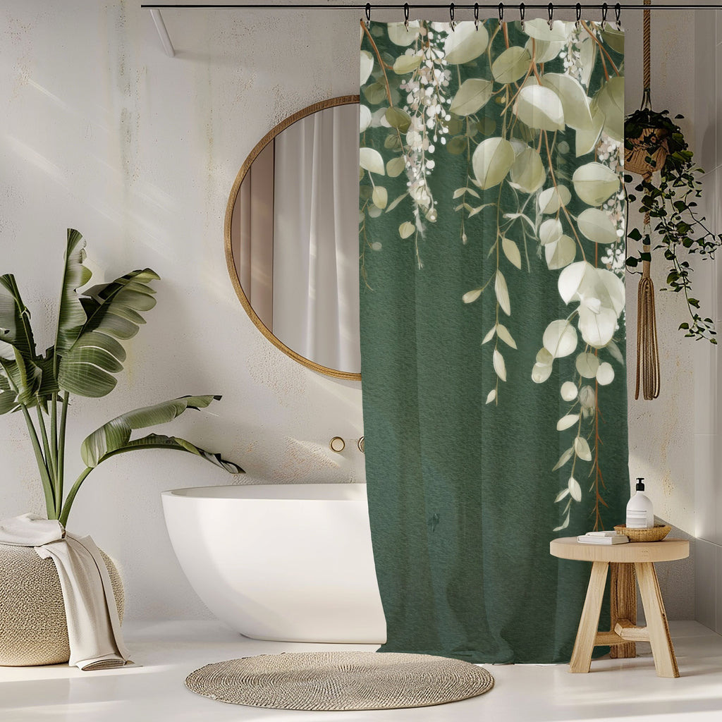 Dark Green Eucalyptus Shower Curtains, Boho Botanical Bathroom Decor