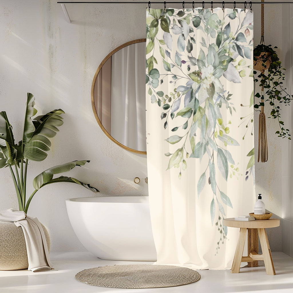 Watercolor Sage and Cream Eucalyptus Shower Curtains, Boho Bathroom Decor