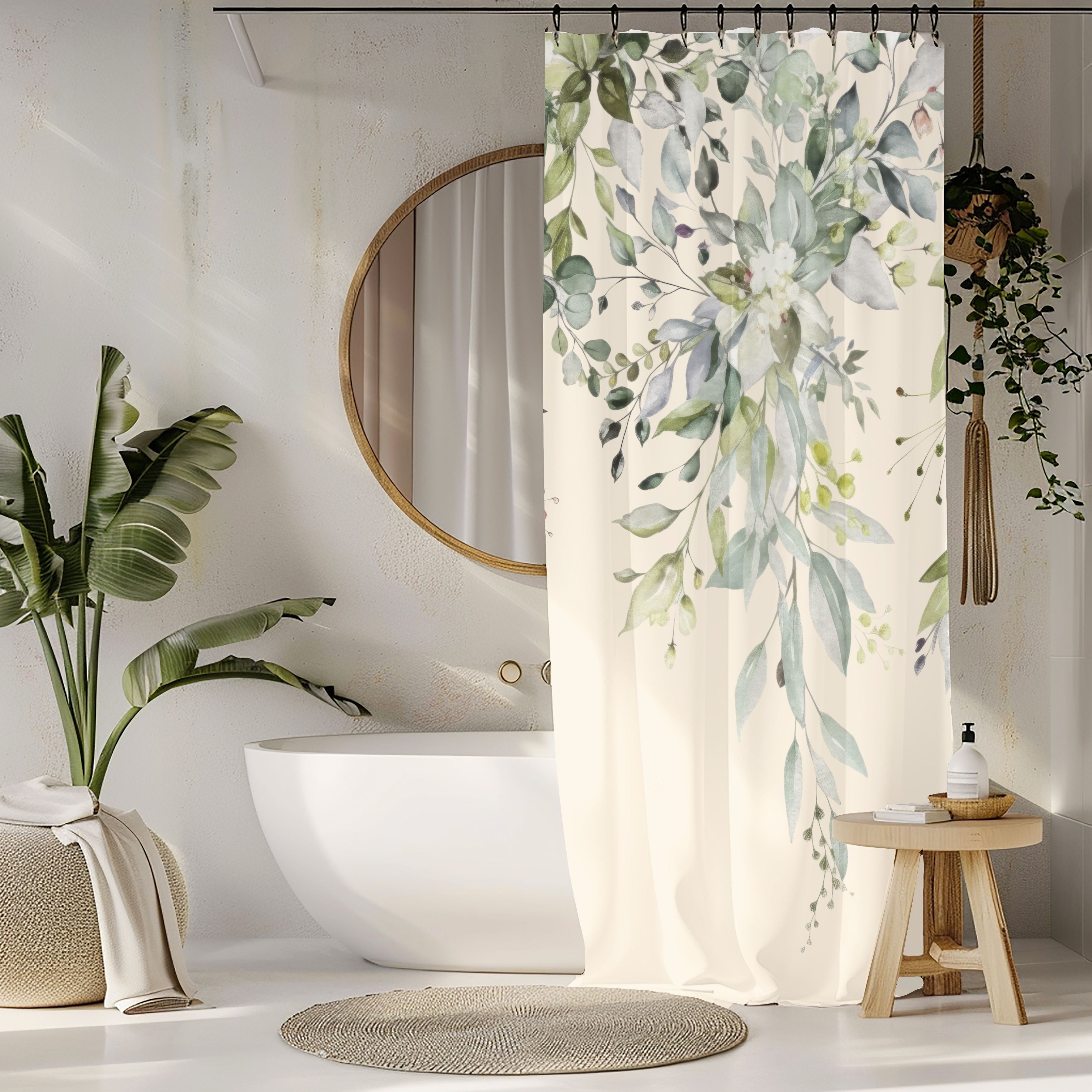 Watercolor Sage and Cream Eucalyptus Shower Curtains, Boho Bathroom Decor