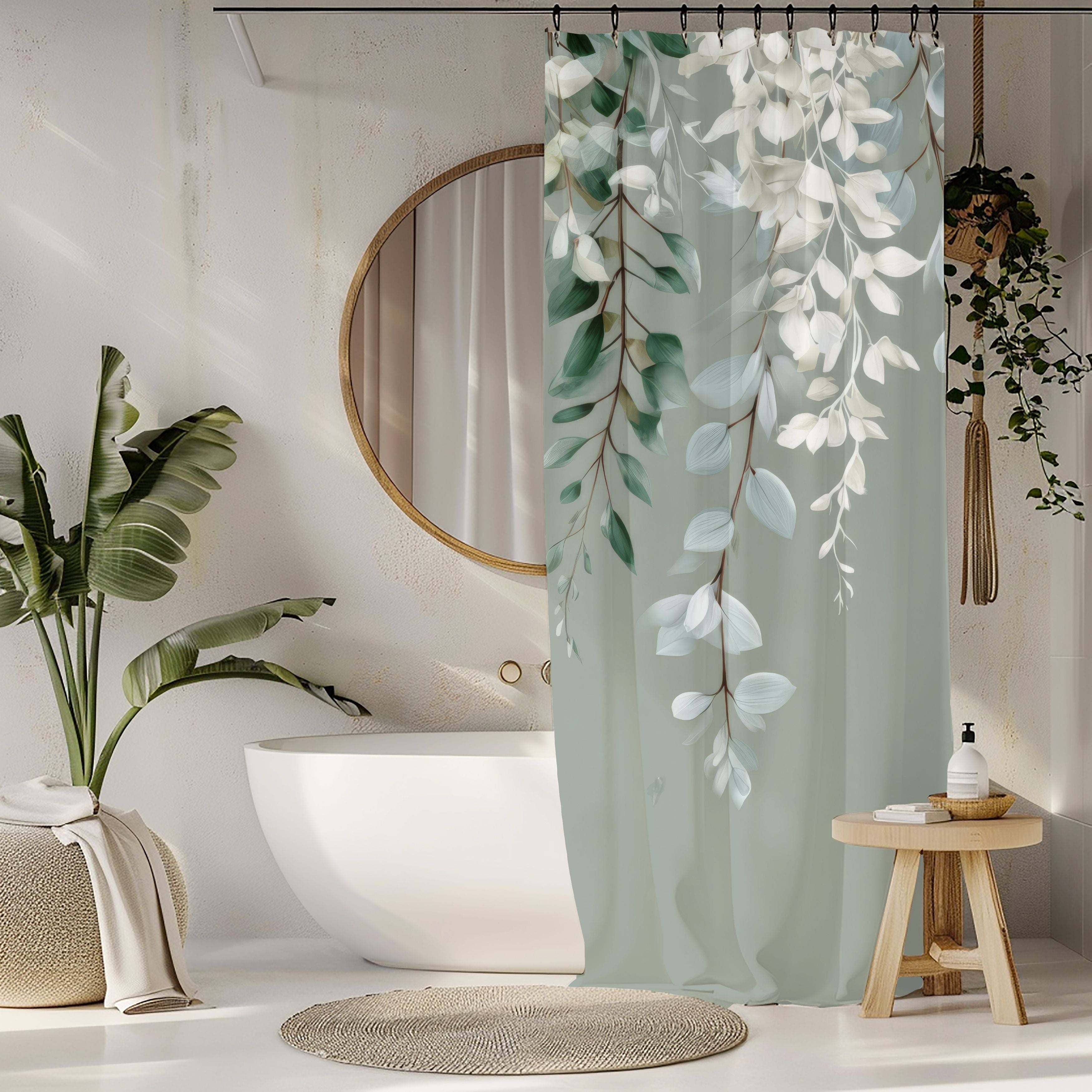 Frozen Sage Eucalyptus Shower Curtains, Muted Gray Botanical Bathroom Decor