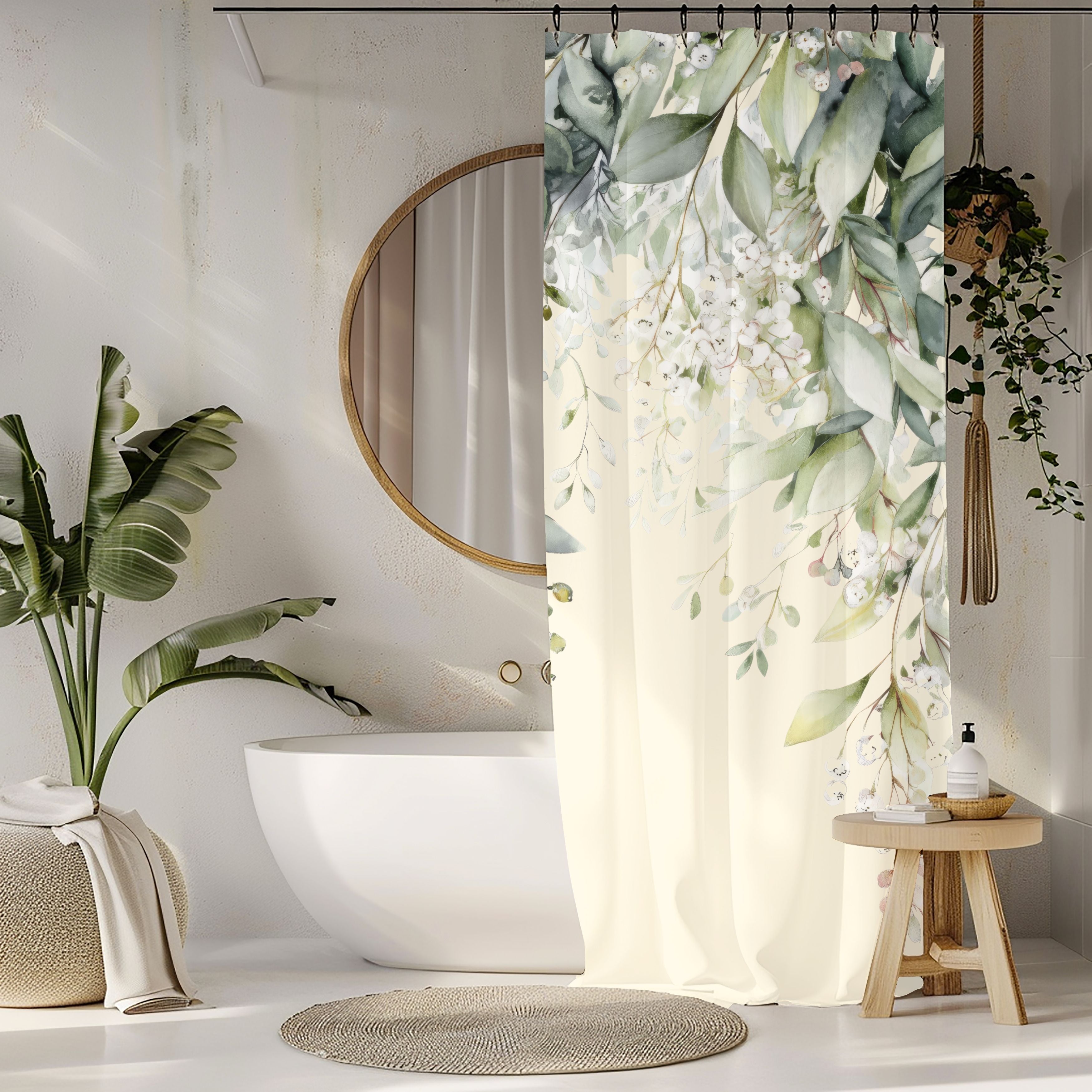 Soft Sage and Cream Eucalyptus Shower Curtains, Modern Organic Spa Bathroom