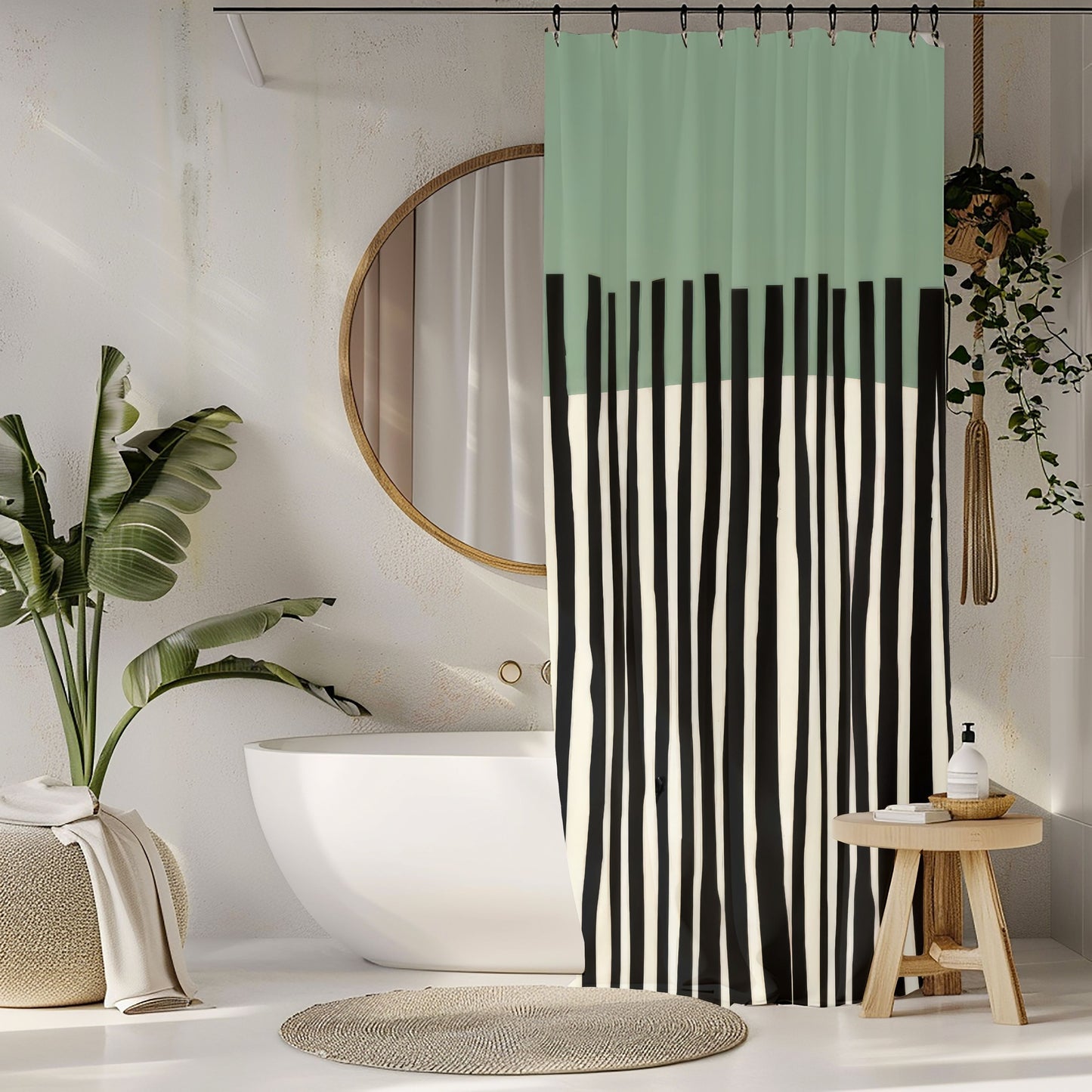 Minimalist Sage Japandi Shower Curtains, Abstract Scandi Bathroom Decor
