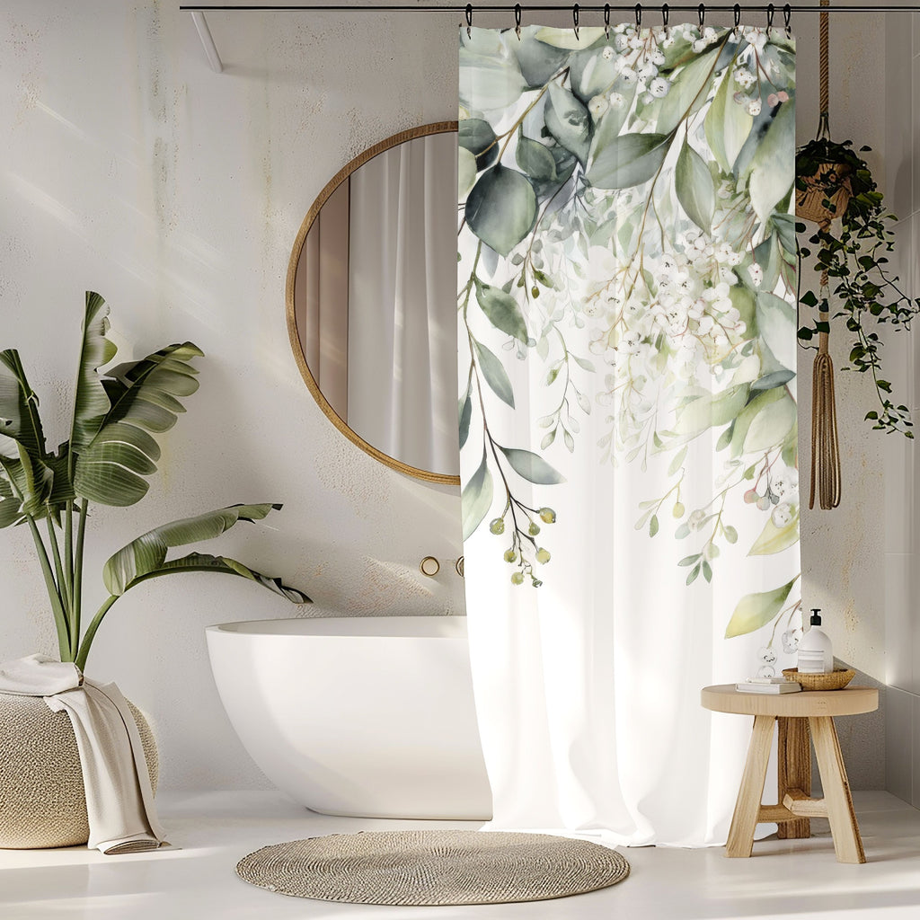 Watercolor Eucalyptus Shower Curtains, Botanical Green Bathroom Decor