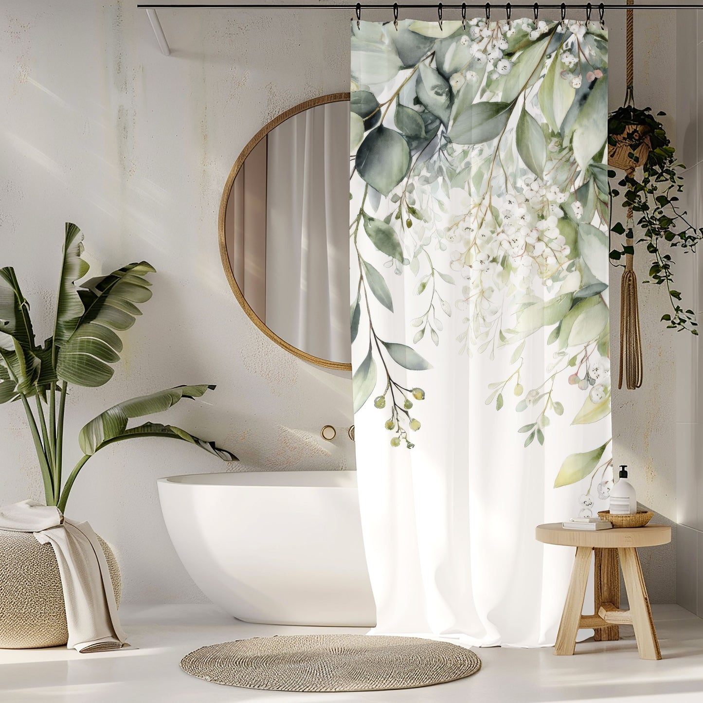 Watercolor Eucalyptus Shower Curtains, Botanical Green Bathroom Decor