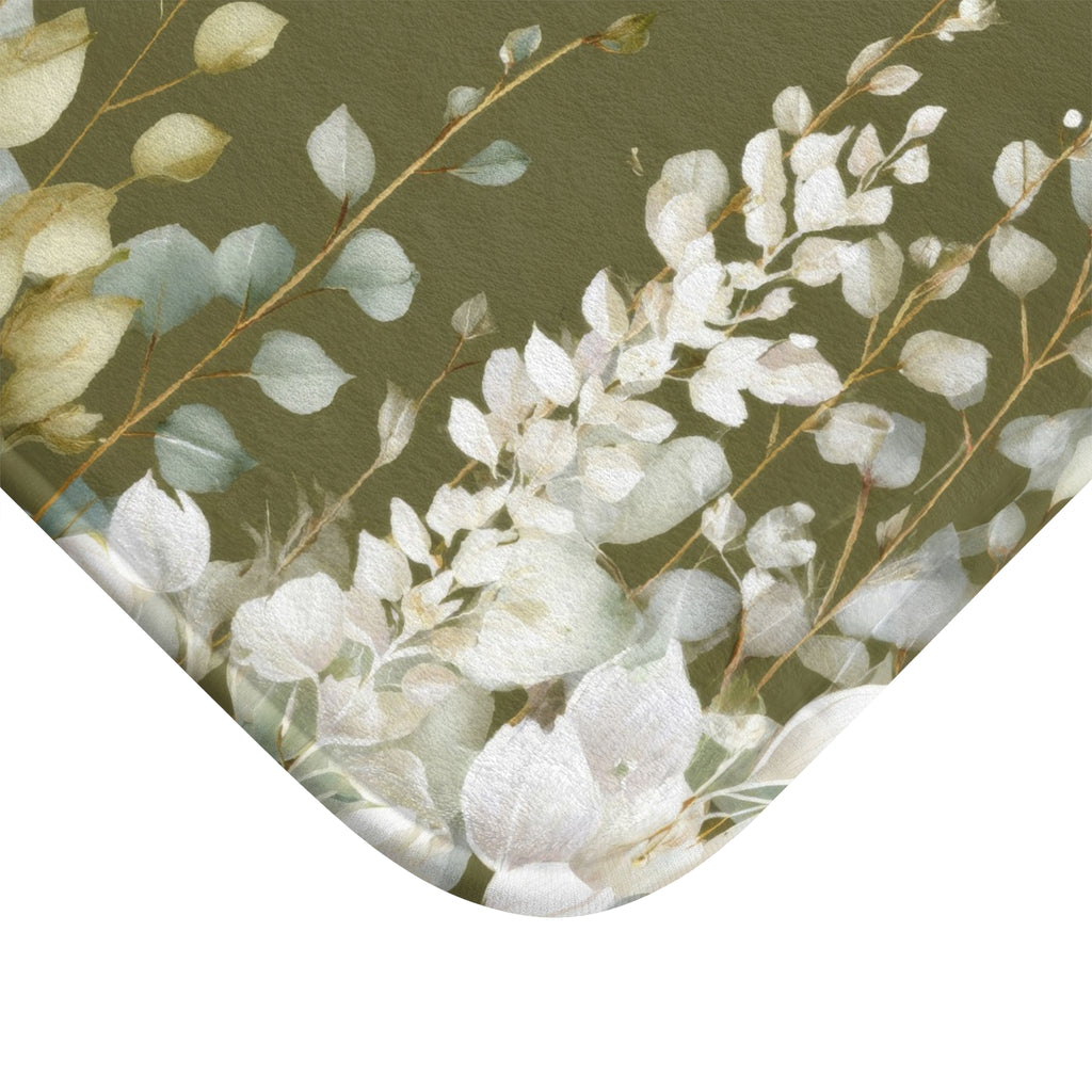 Olive Green Eucalyptus Bath Mat, Modern Earthy Minimalist Bathroom