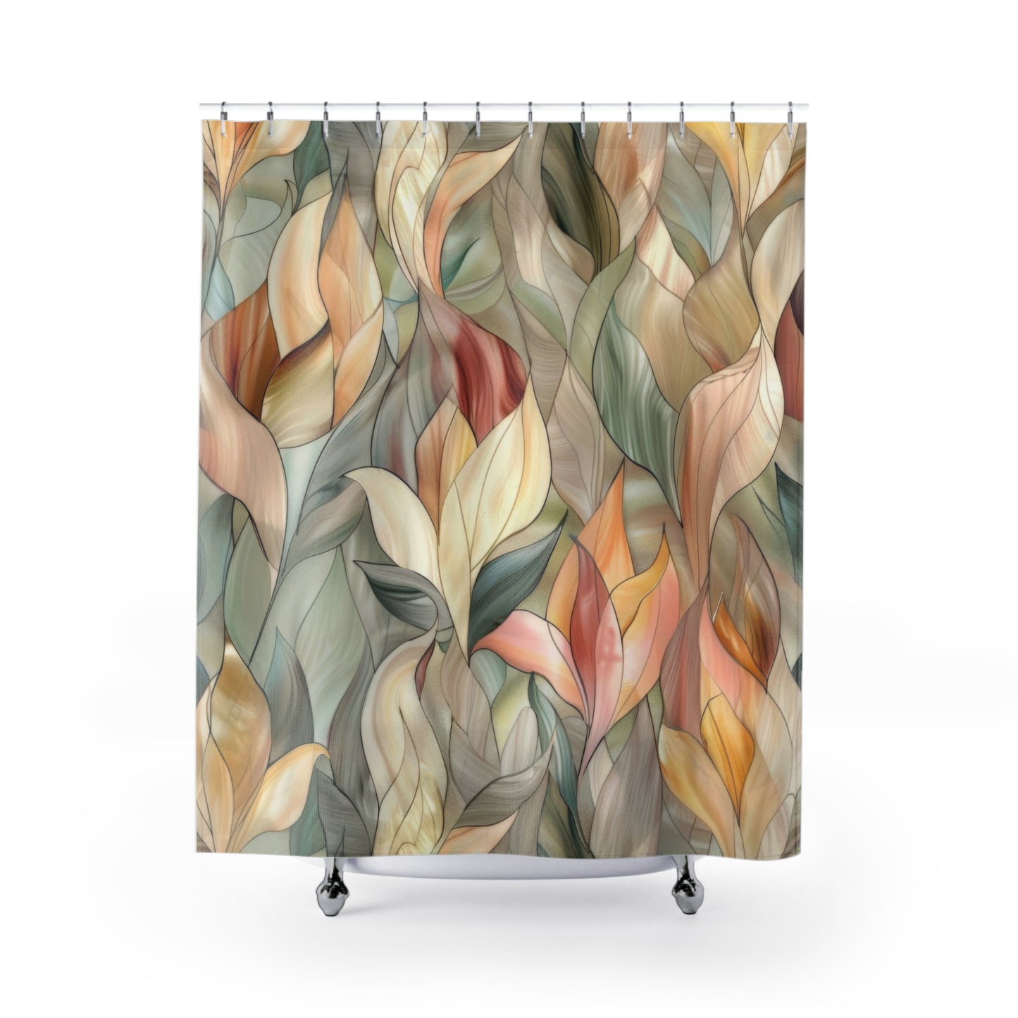 Stained Glass Leaves Design Shower Curtains, Minimalist Calming Botanical Bathroom