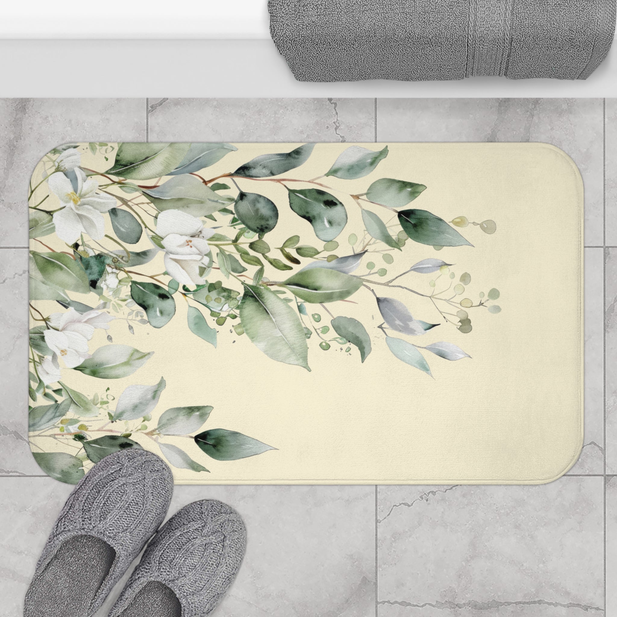 Soft Sage and Cream Eucalyptus Bath Mat, Watercolor Floral Bathroom Decor