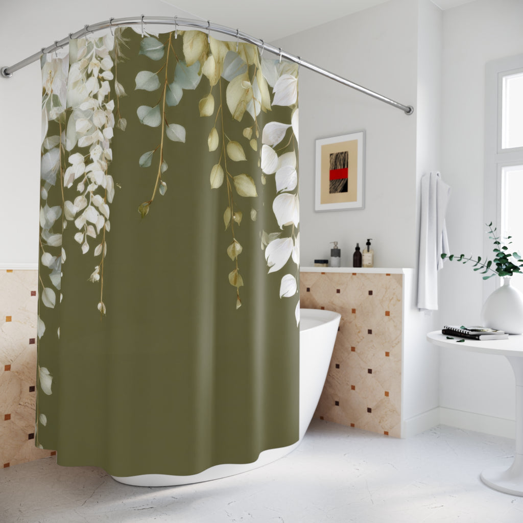 Olive Green Eucalyptus Shower Curtains, Modern Earthy Minimalist Bathroom