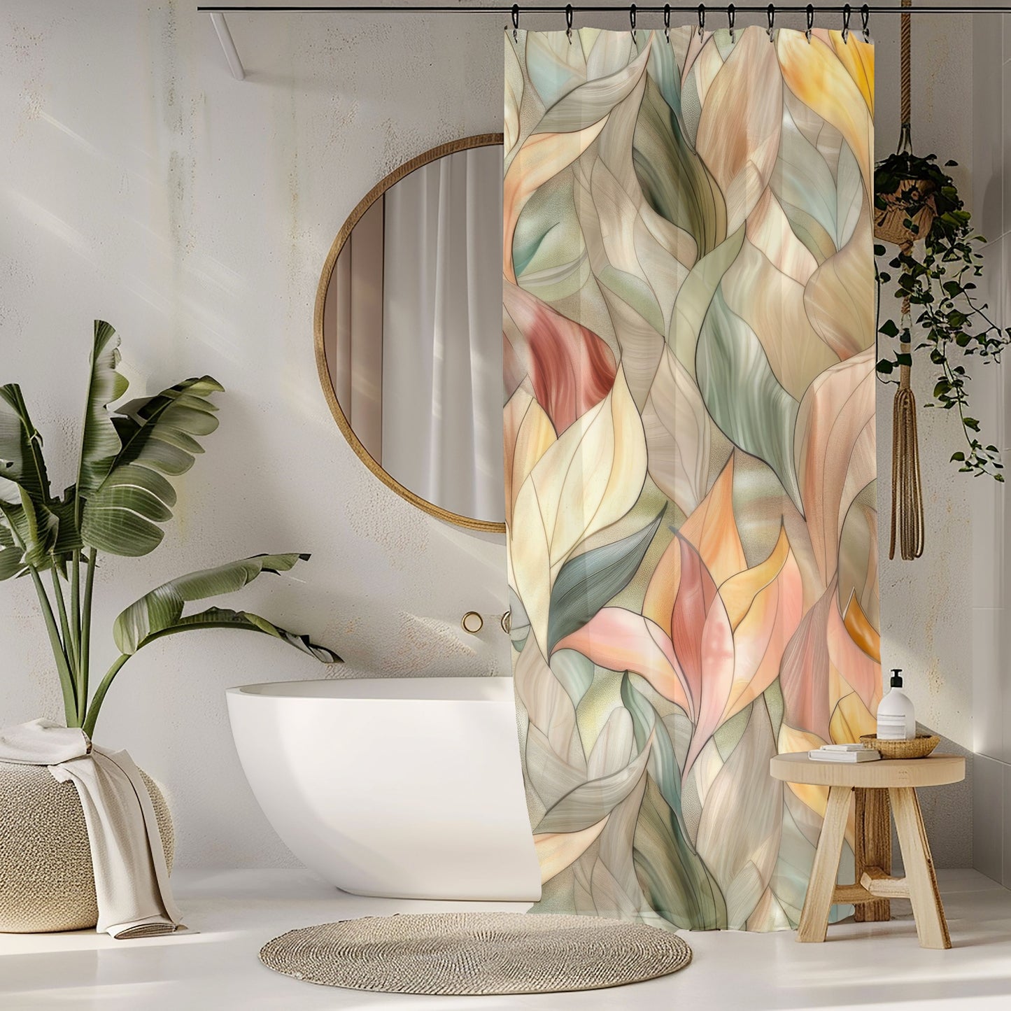 Stained Glass Leaves Design Shower Curtains, Minimalist Calming Botanical Bathroom