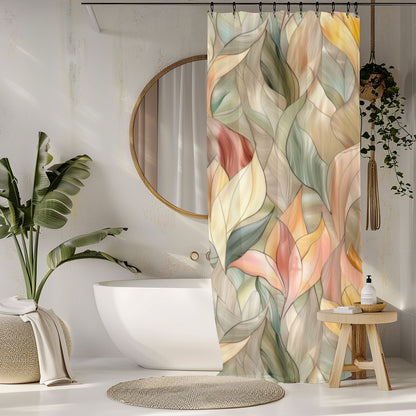 Stained Glass Leaves Design Shower Curtains, Minimalist Calming Botanical Bathroom