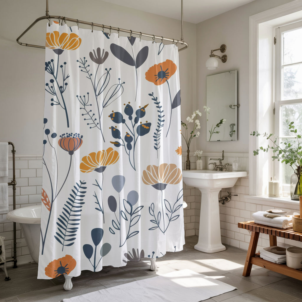 Minimalist Wildflower Shower Curtains, Retro Boho Bathroom Decor