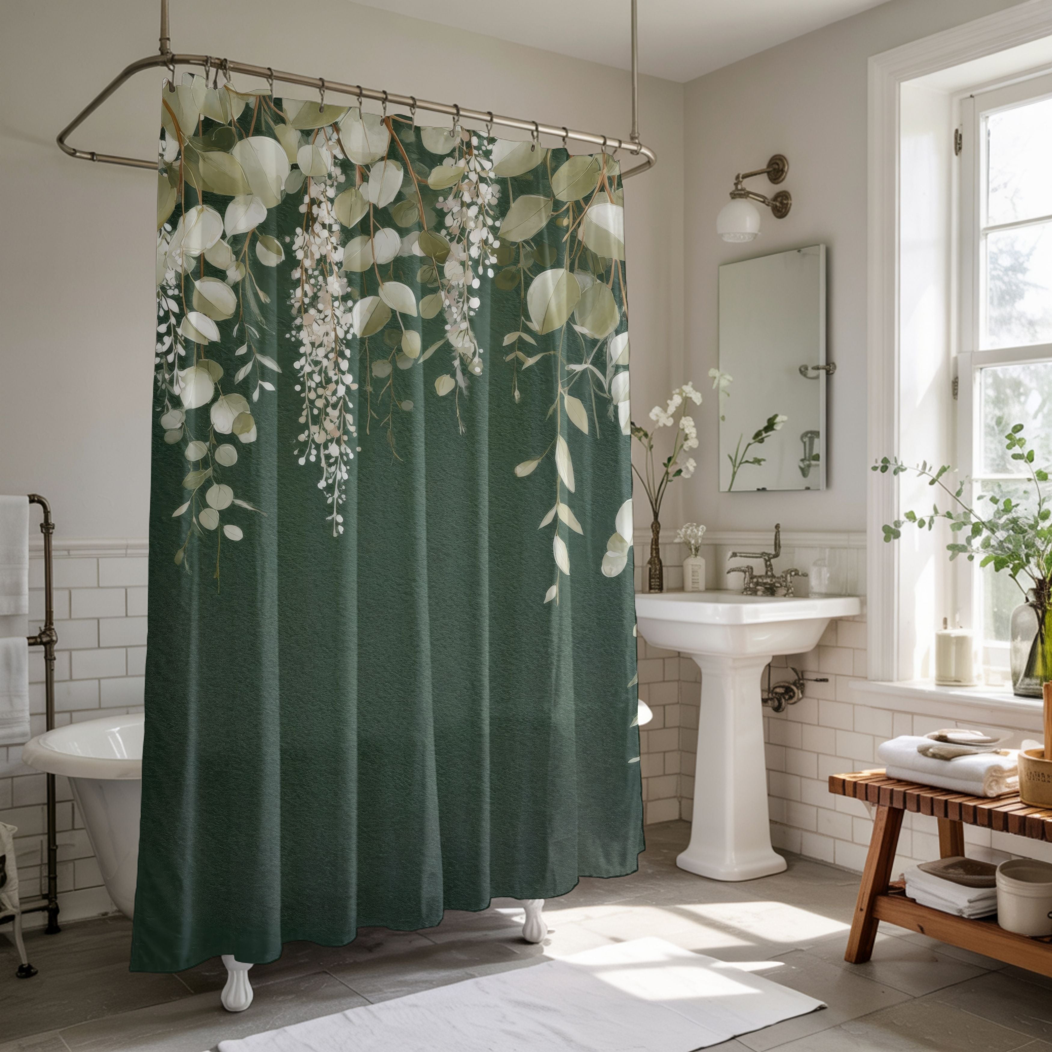 Dark Green Eucalyptus Shower Curtains, Boho Botanical Bathroom Decor
