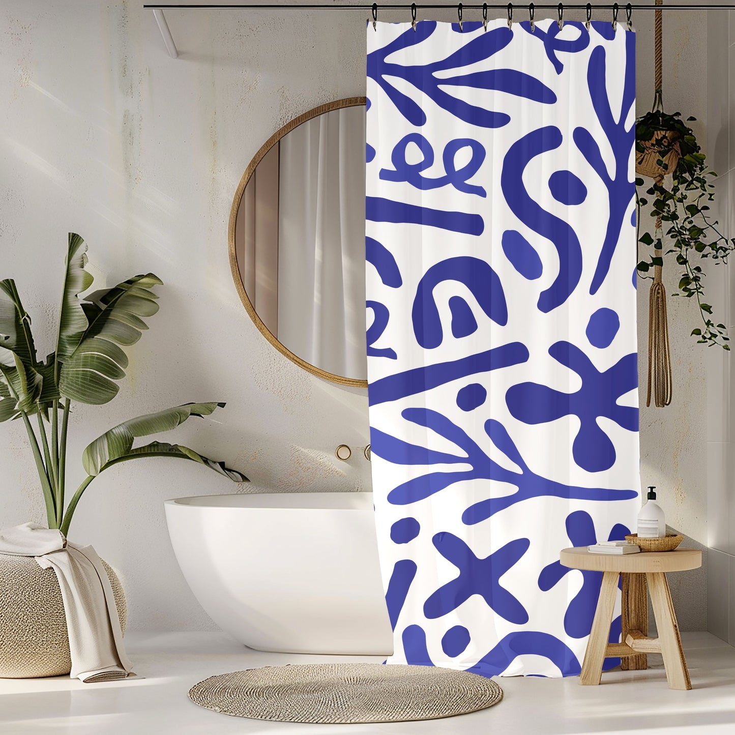 Blue Mediterranean Shower Curtains, Matisse Inspired Organic Shape Bathroom Decor