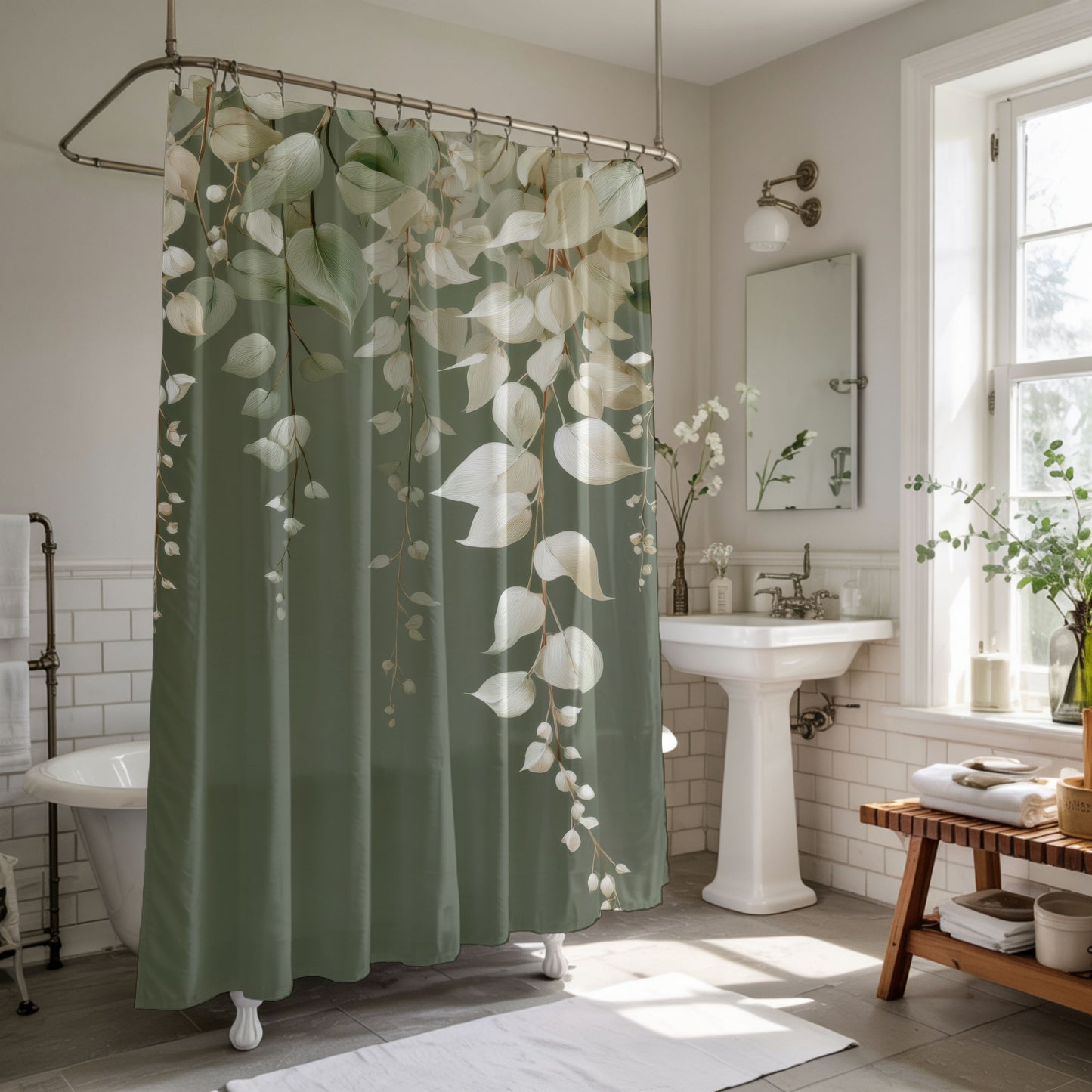 Moss Green Eucalyptus Shower Curtains, Elegant Neutral Organic Spa Style