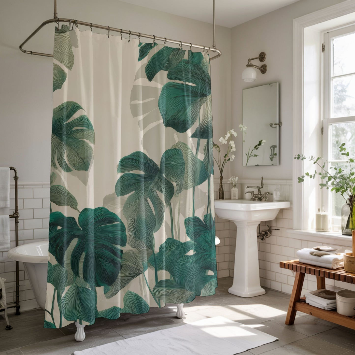Artisan Etched Monstera Shower Curtains, Sophisticated Urban Jungle Decor