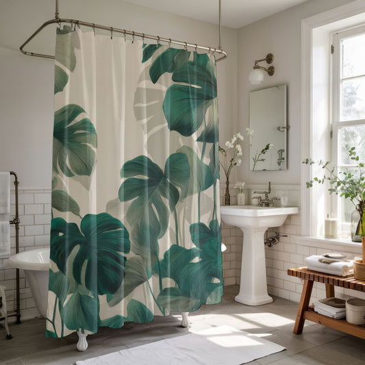 Artisan Etched Monstera Shower Curtains, Sophisticated Urban Jungle Decor