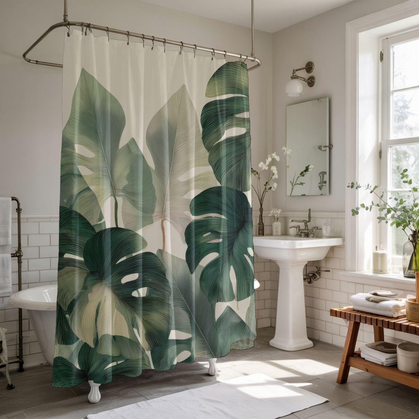Monstera Shower Curtains, Tropical Botanical Bathroom Decor