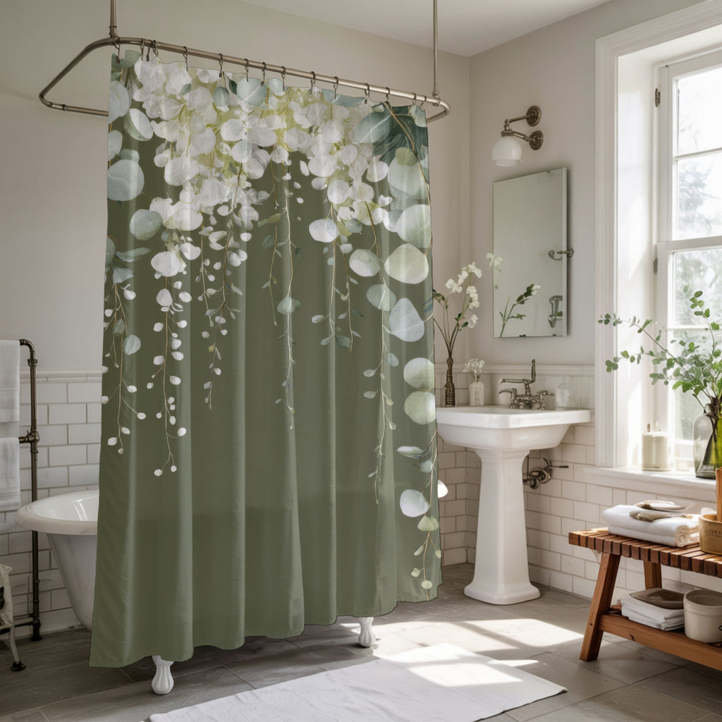 Moss Green Eucalyptus Shower Curtains, Sophisticated Organic Bathroom