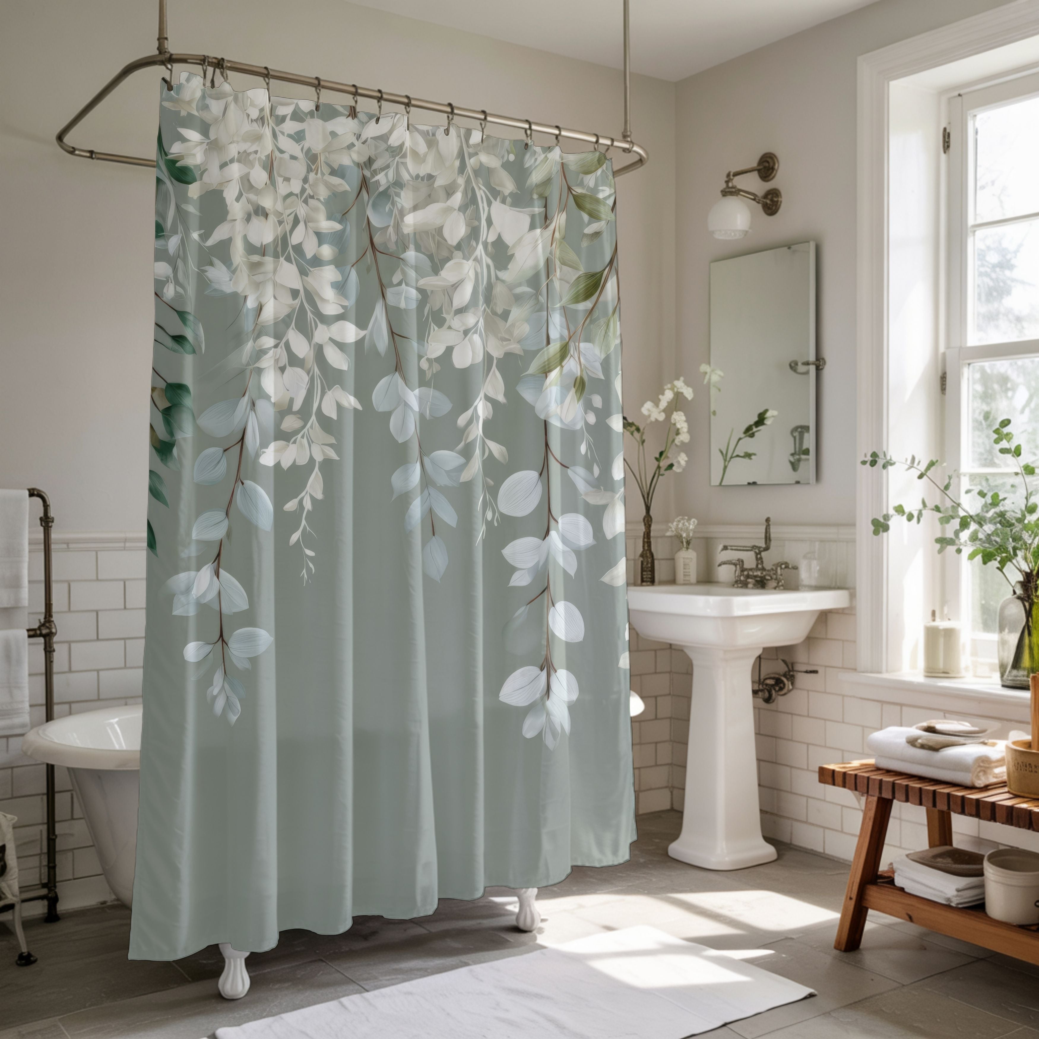 Frozen Sage Eucalyptus Shower Curtains, Muted Gray Botanical Bathroom Decor