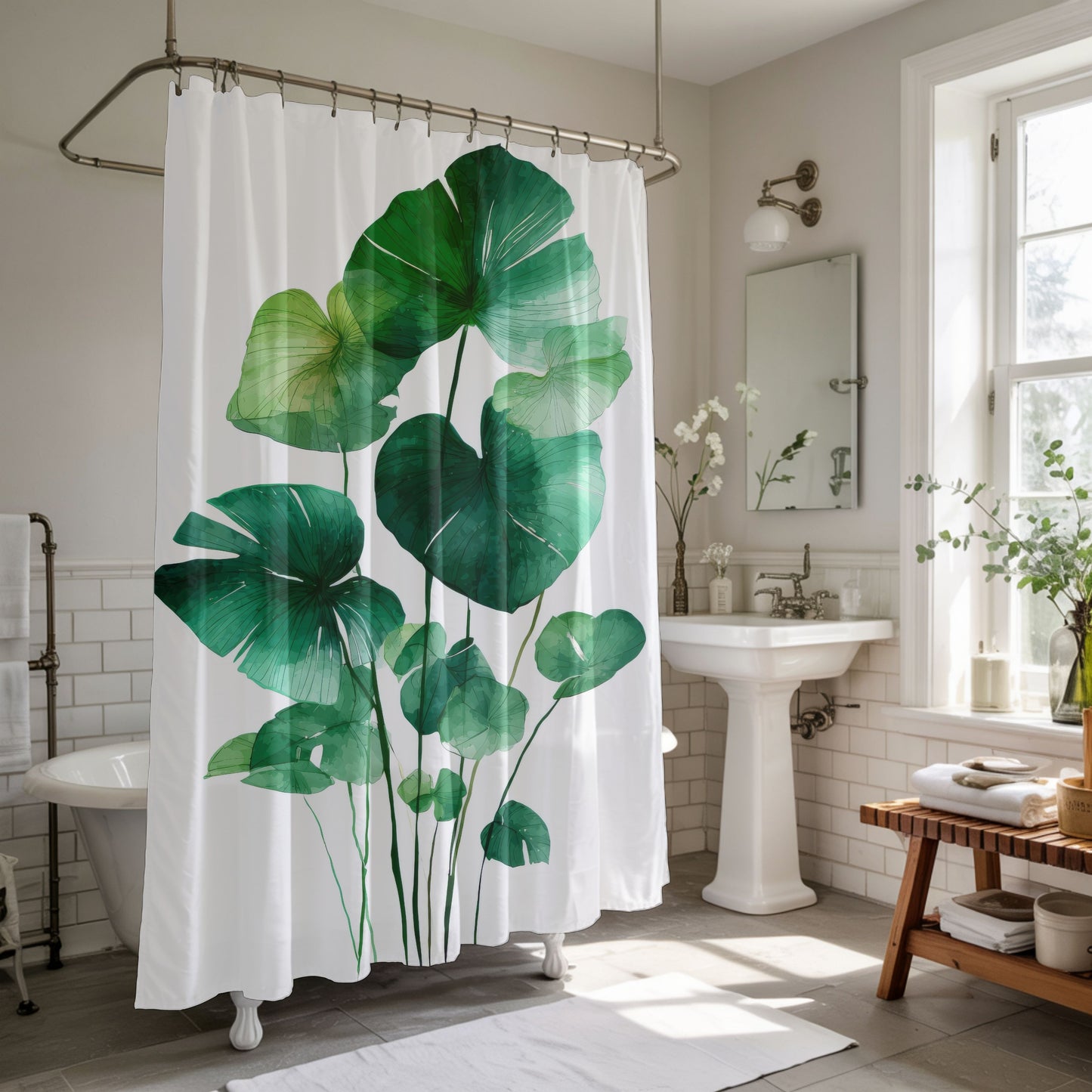 Watercolor Monstera Shower Curtains, Tropical Botanical Bathroom Decor