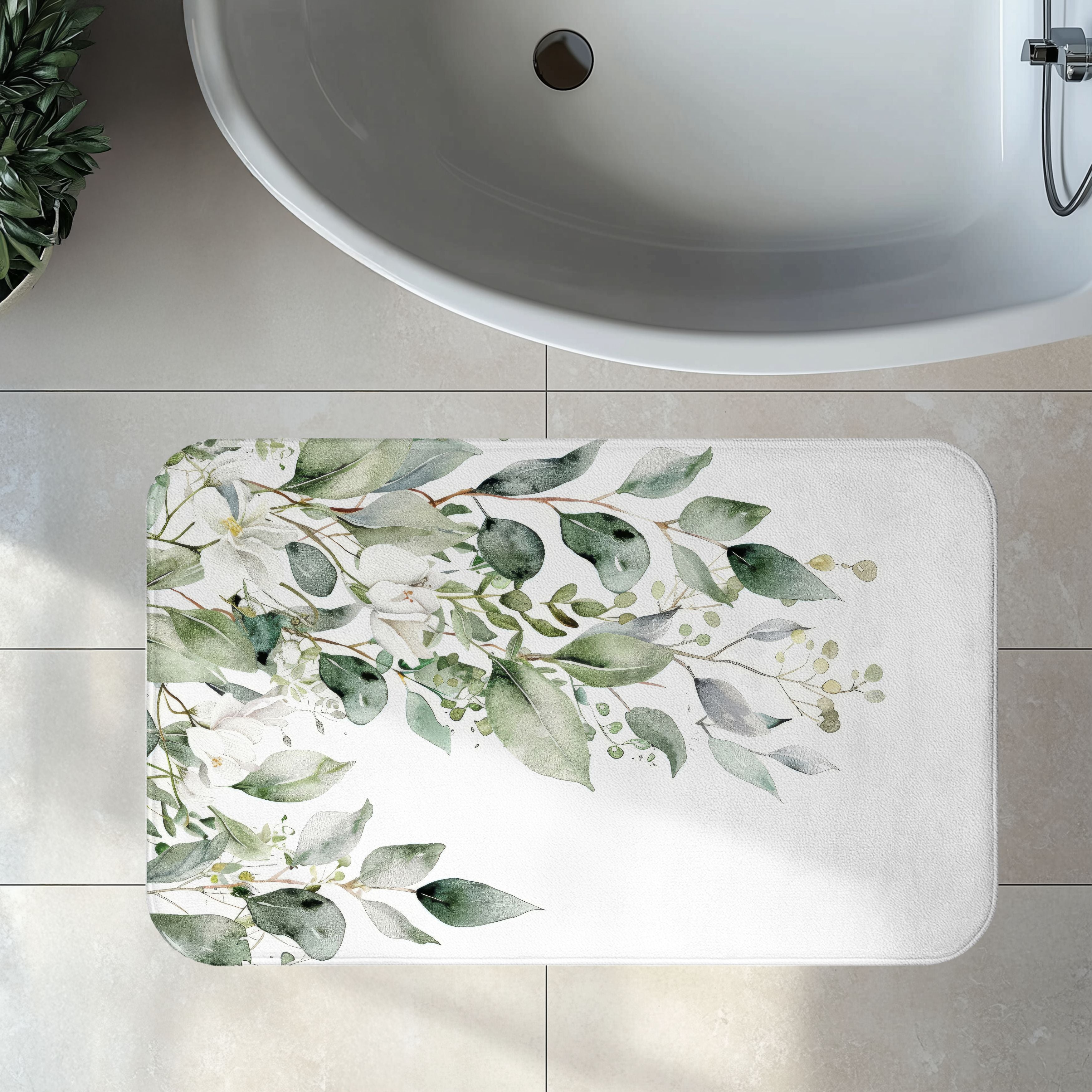 Watercolor Eucalyptus Bath Mat, Botanical Green Bathroom Decor